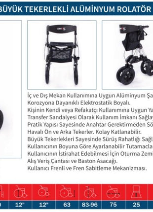 Dm-800 Büyük Tekerlekli Alüminyum Rolatör